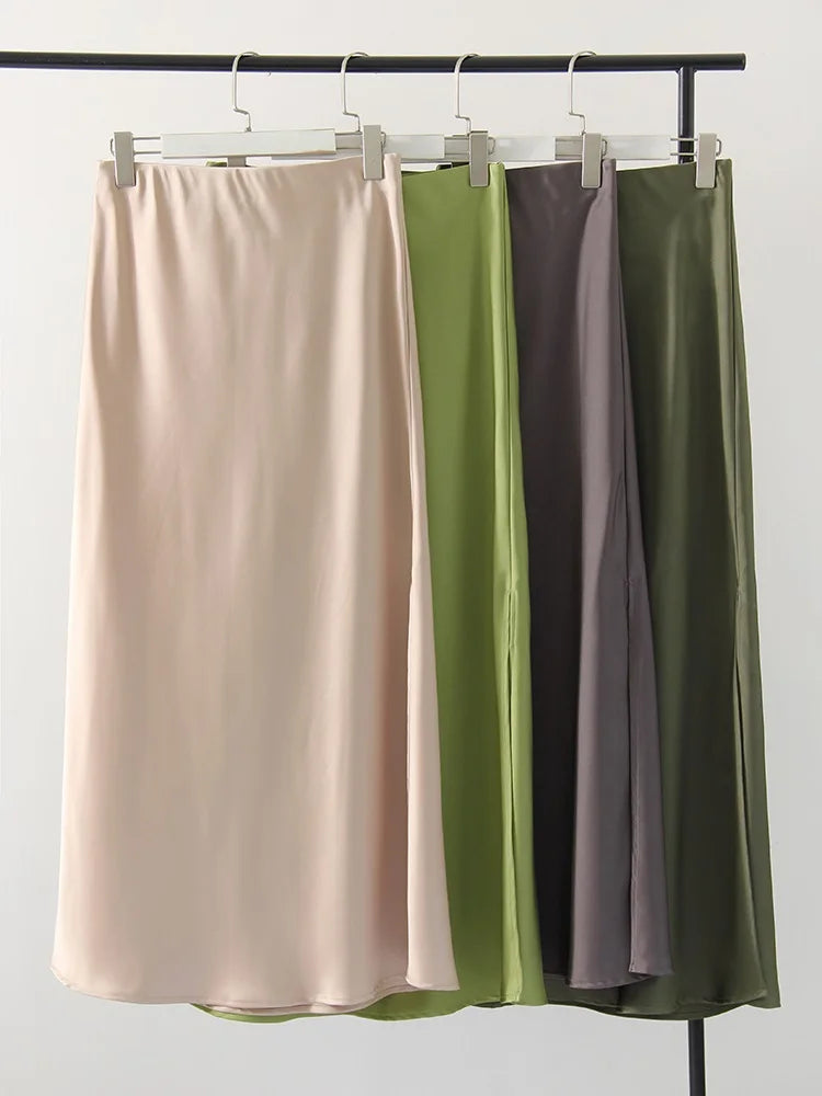 Satin Maxi Skirt - High Waist Side Slit Black