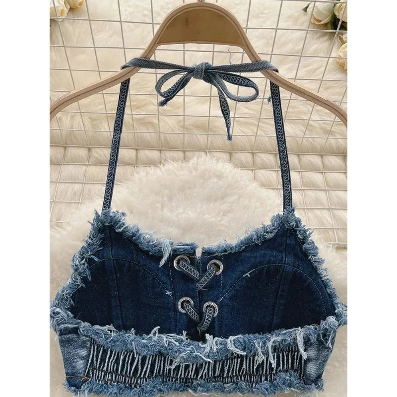 OIINAA Bathing Suit Women Sexy Denim Suits Bikini Set Lace Up Drawstring Beachwear 2025 Solid Summer Vintage Two-pieces Swimwear