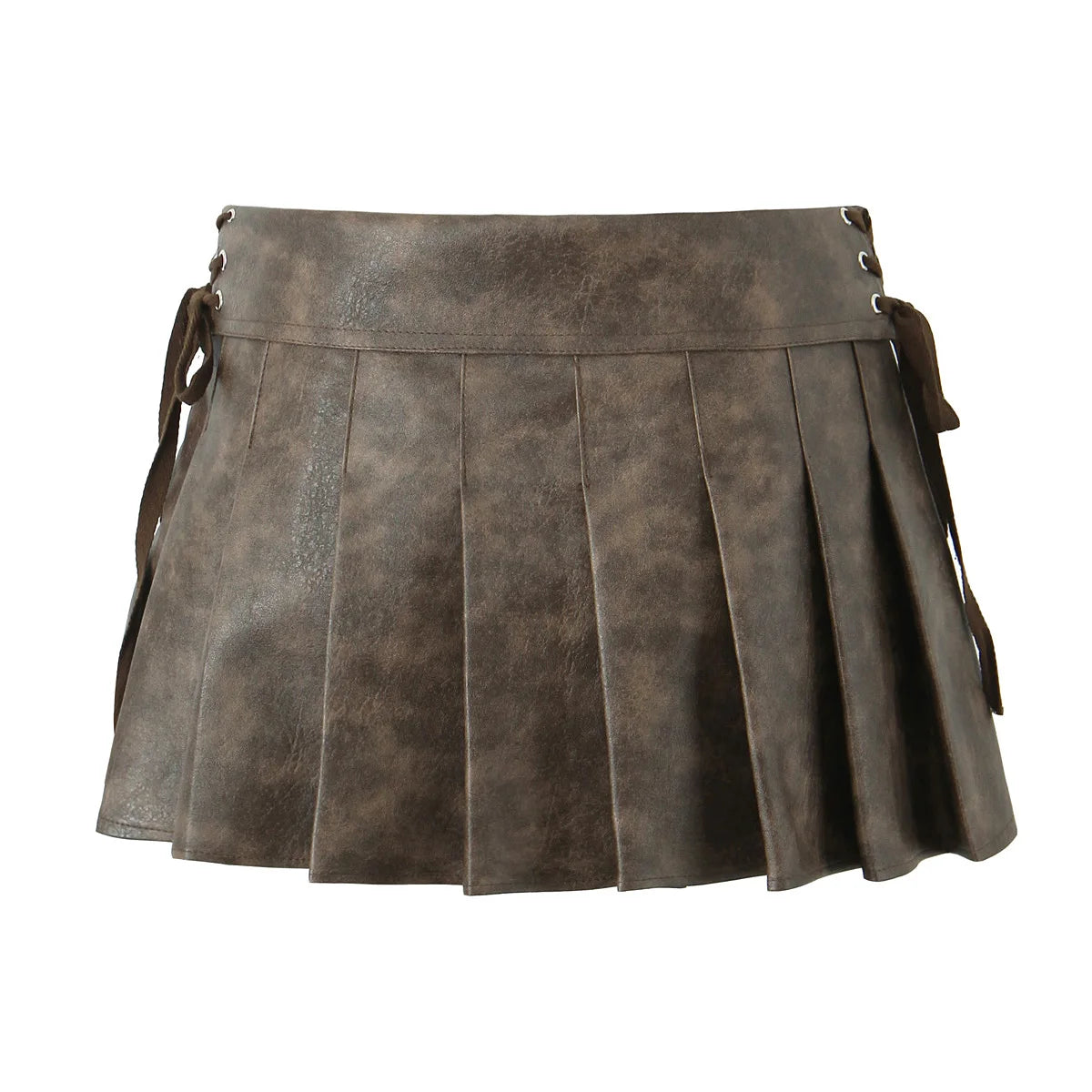 Y2K PU Leather Pleated Mini Skirt With Shorts lining Sexy Metal eyelets Cross Bandage Low Waist Short Skater Coffee Black