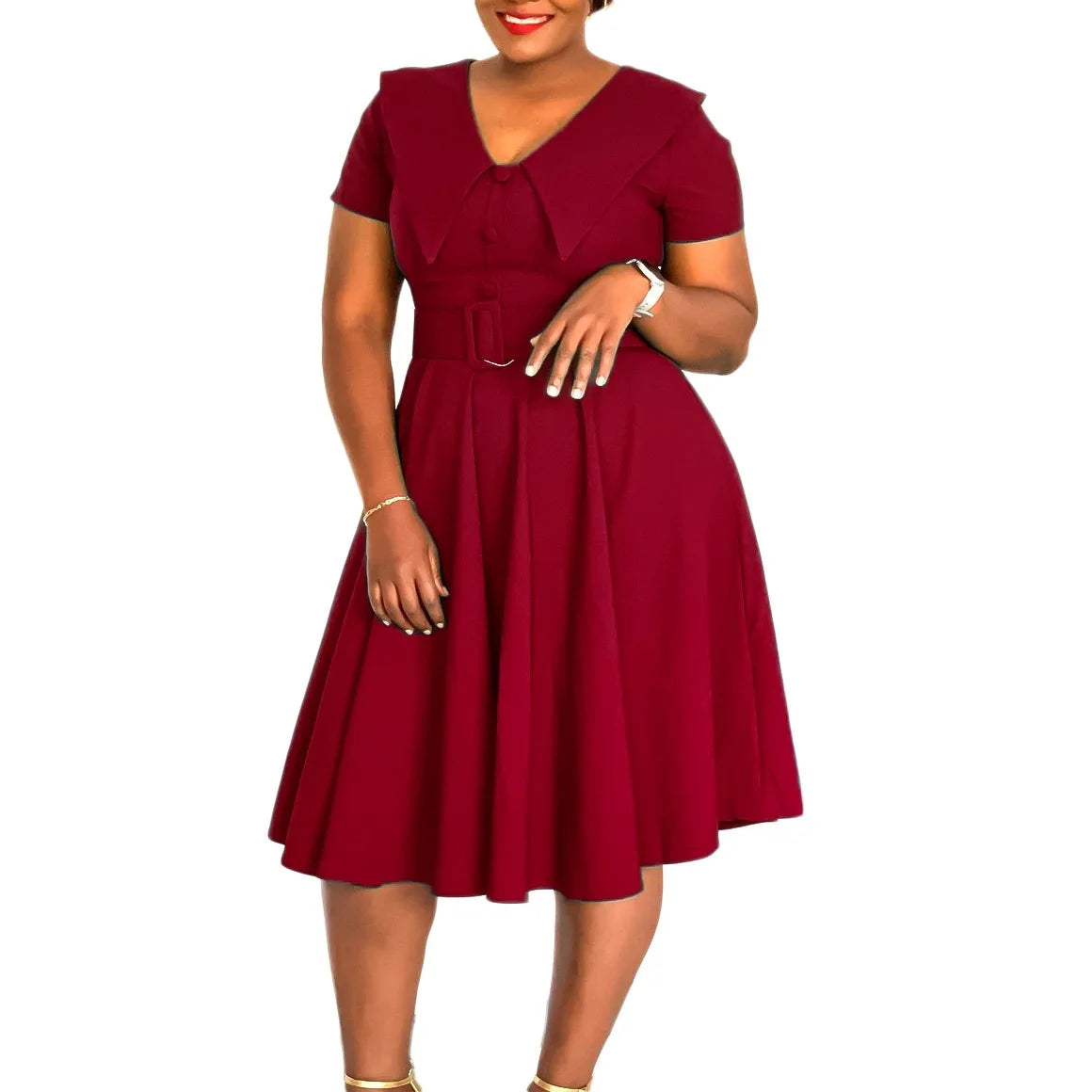 Office Dress - Turn Down Collar Pleated Midi