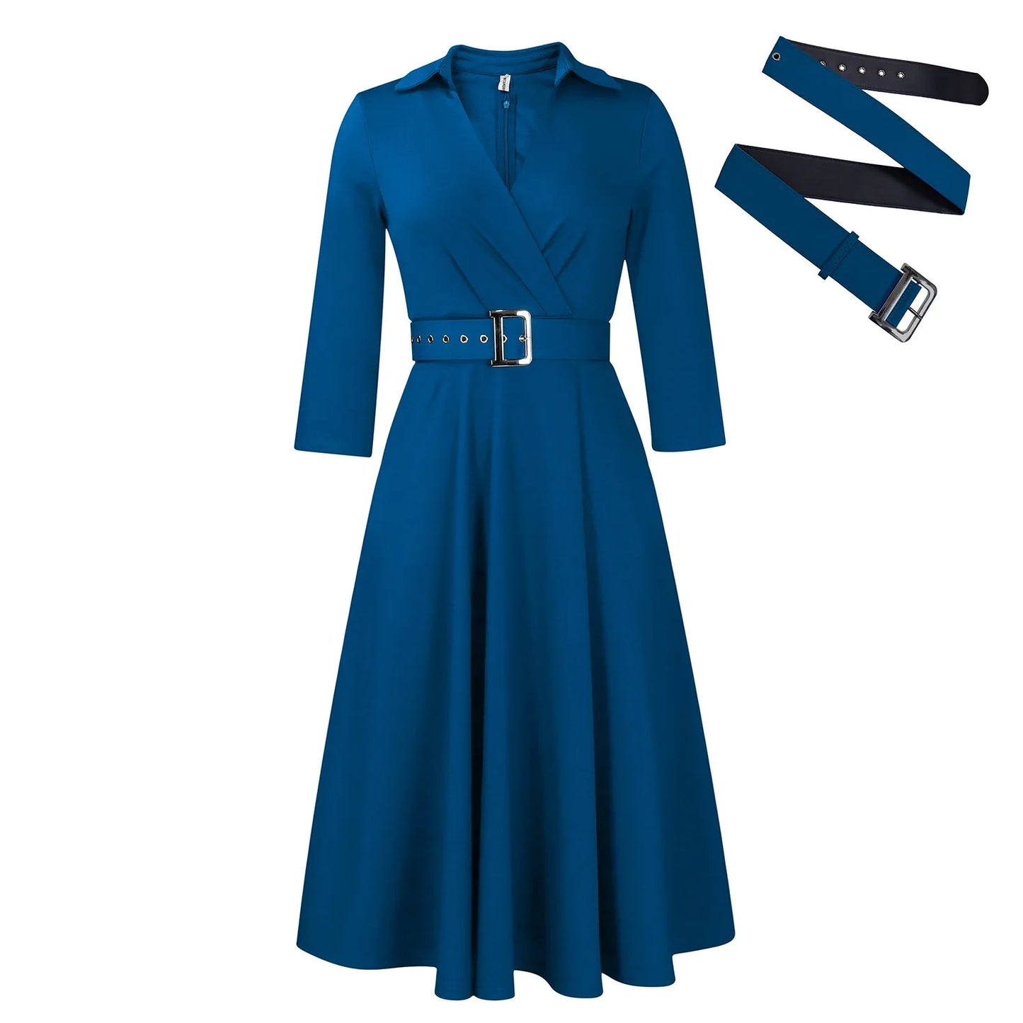 Office Dress - Turn Down Collar Belt Pleated African