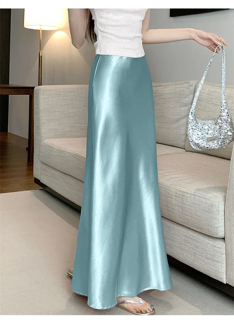 Pink Satin Midi Skirt - High Waist Fishtail Wrap