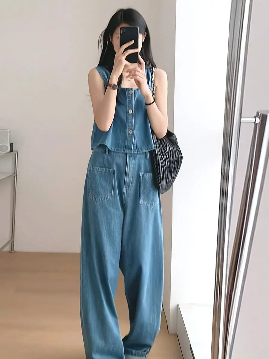 Denim Two Piece Set - Sleeveless Top & Wide Leg Pants