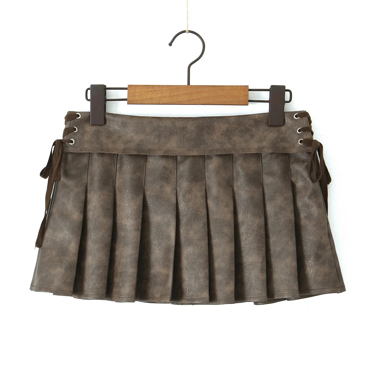 Y2K PU Leather Pleated Mini Skirt With Shorts lining Sexy Metal eyelets Cross Bandage Low Waist Short Skater Coffee Black