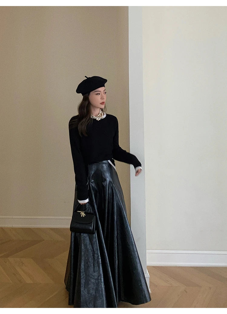 PU Leather Maxi Skirt - High Waist Pleated Black