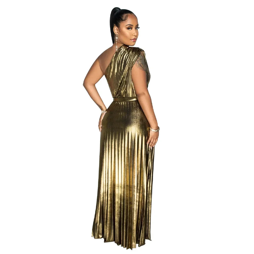Vestido Largo Plisado Metálico Un Hombro Sin Mangas Brillante
