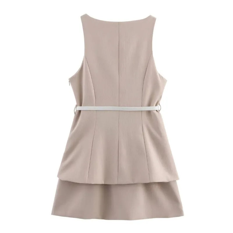 Midi Dress - Beige Contrast Sleeveless Belt 2025