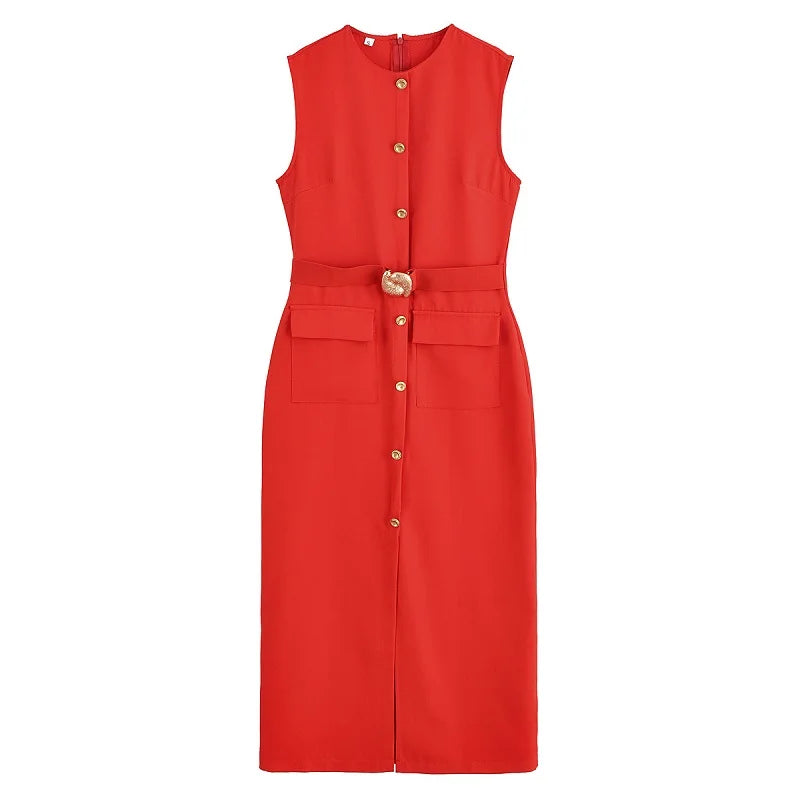 Office Midi Dress - Belt Button Sleeveless Black