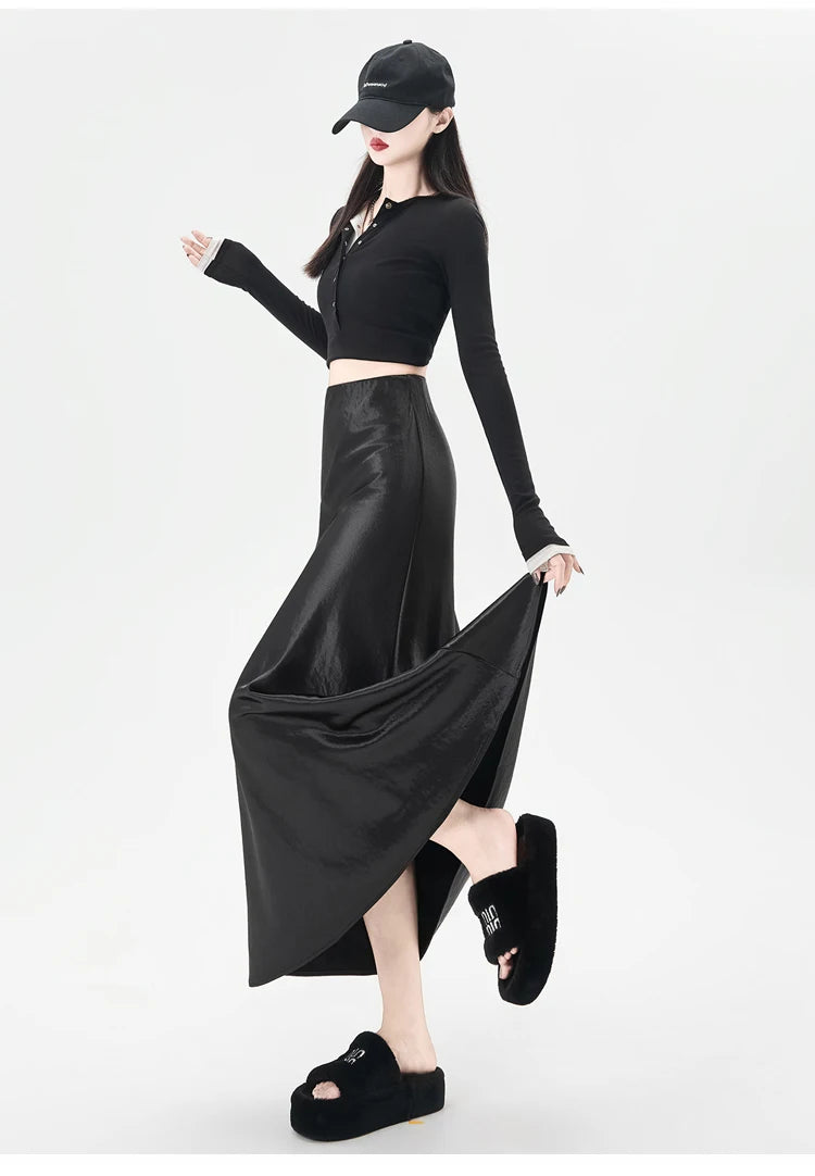 Satin Maxi Skirt - High Waist Trumpet