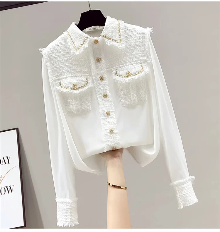 Blusa Tejido Texturado Tweed Patchwork Cuello Vuelto Manga Larga