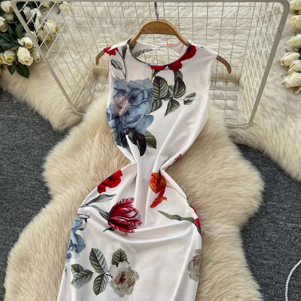 Pencil Dress - Vintage Print Sleeveless Spliced