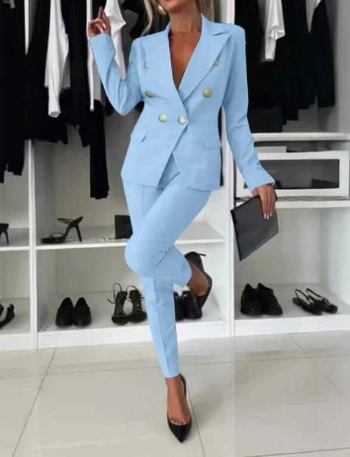 Conjunto Mujer Dos Piezas Saco Largo y Pierna Ancha Oficina