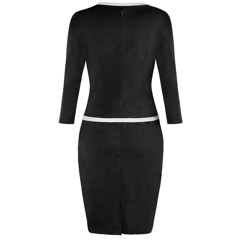 Pencil Dress - Square Collar Three Quarter Sleeve