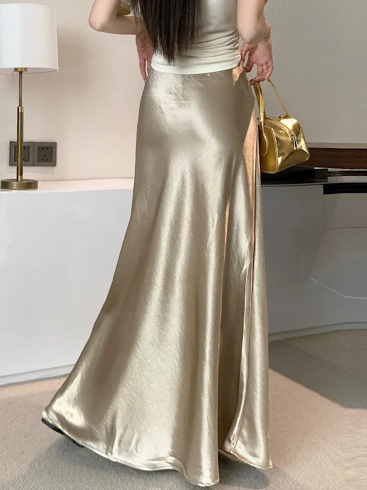 Pink Satin Midi Skirt - High Waist Fishtail Wrap