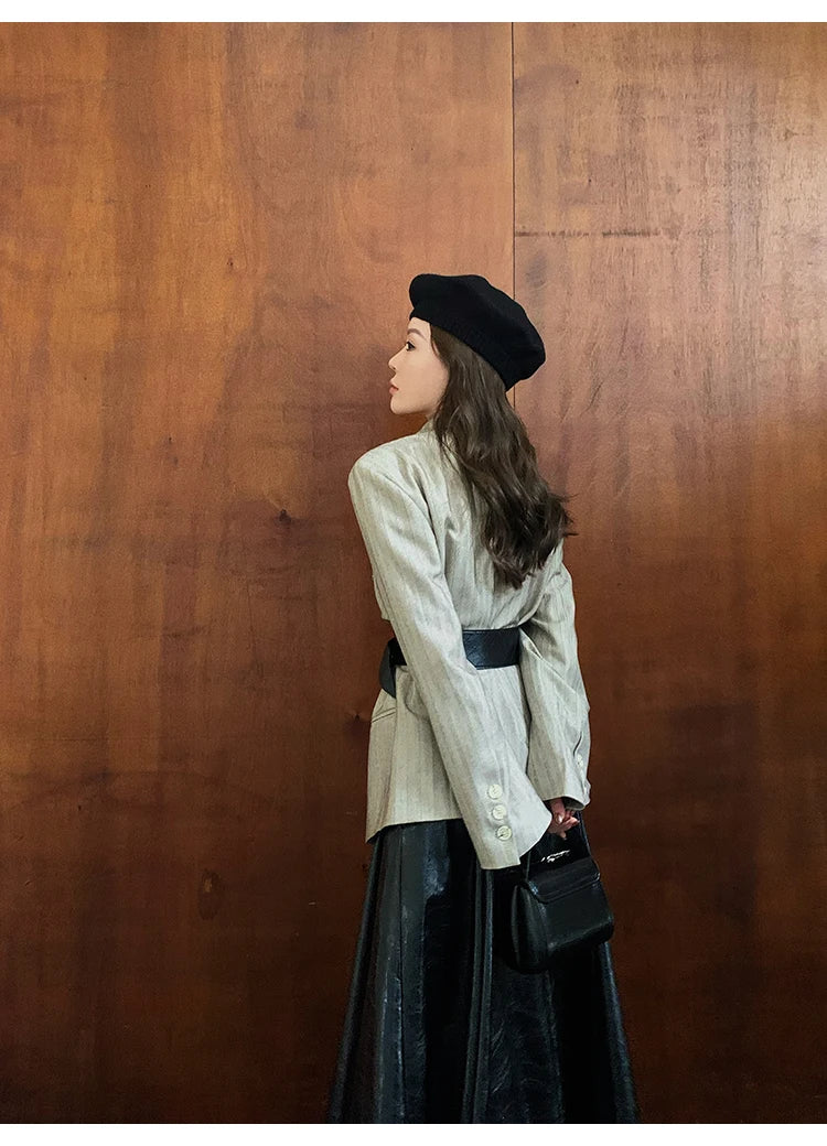 PU Leather Maxi Skirt - High Waist Pleated Black