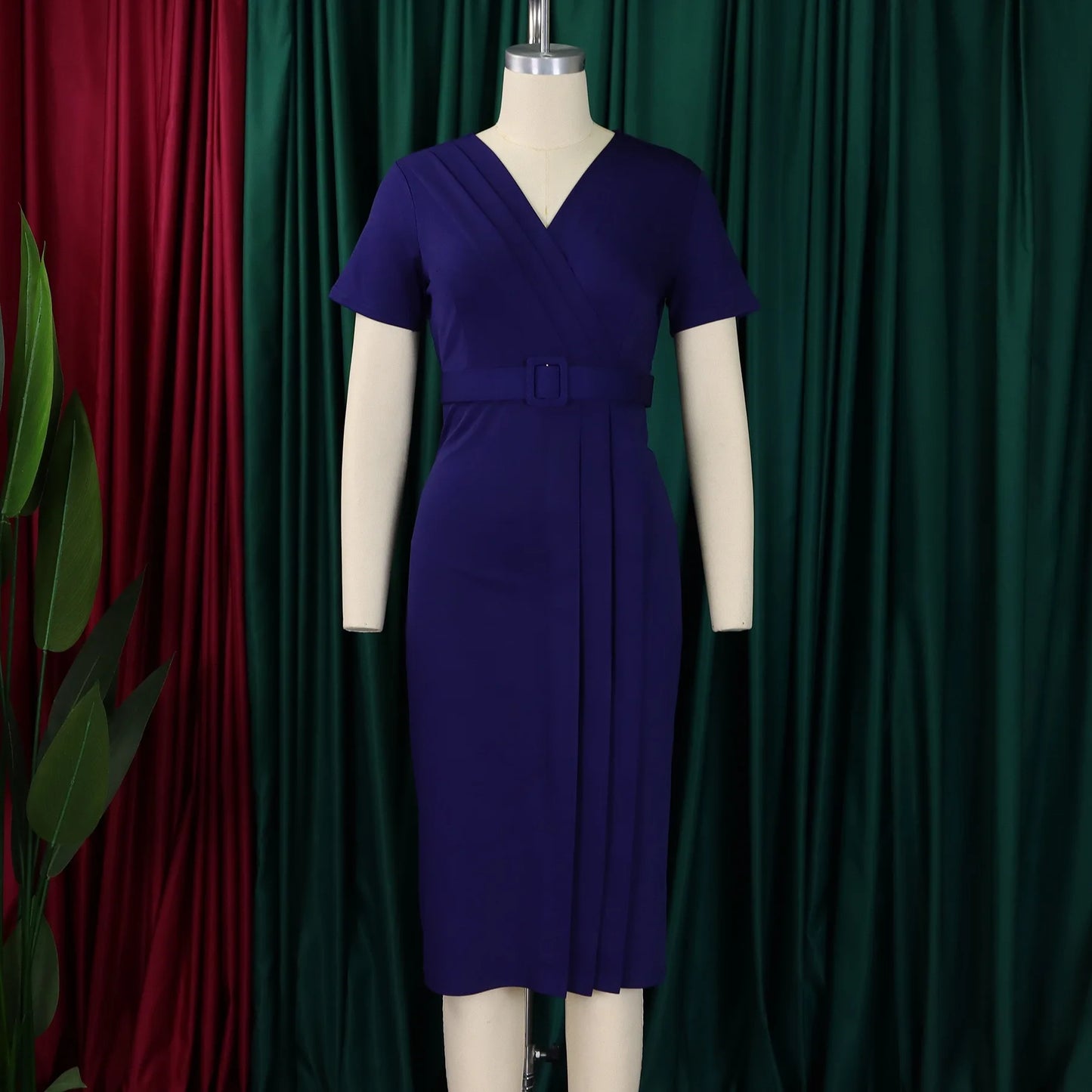 Office Dress - V Neck Belt Pleated Midi