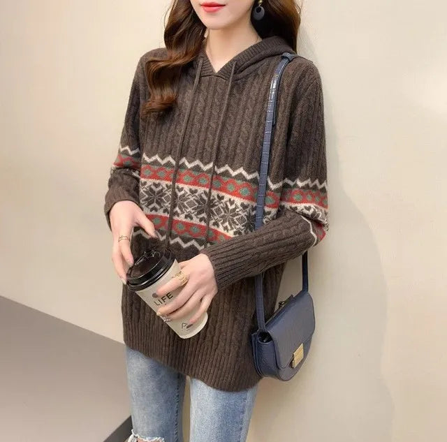 Polerón con Capucha Mujer Suelto Cordón Patchwork Estilo Étnico