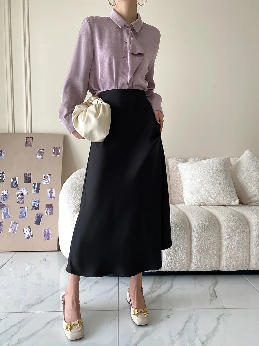 Satin Long Skirt - High Waist A-Line Black