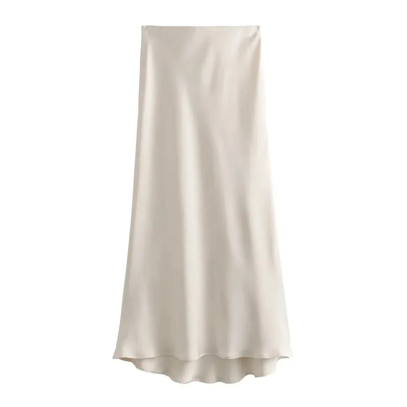 Falda Midi Satén Mujer Cintura Alta Elegante Oficina
