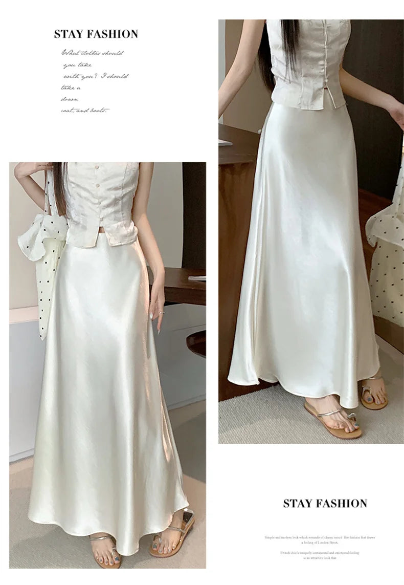 Pink Satin Midi Skirt - High Waist Fishtail Wrap