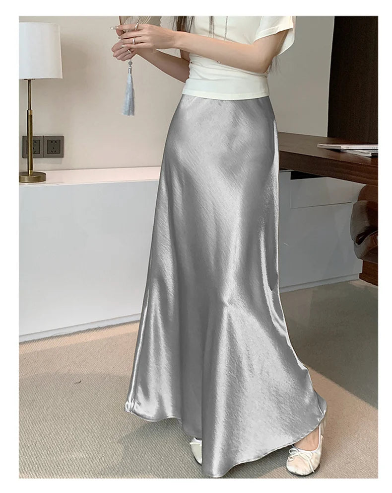 Pink Satin Midi Skirt - High Waist Fishtail Wrap