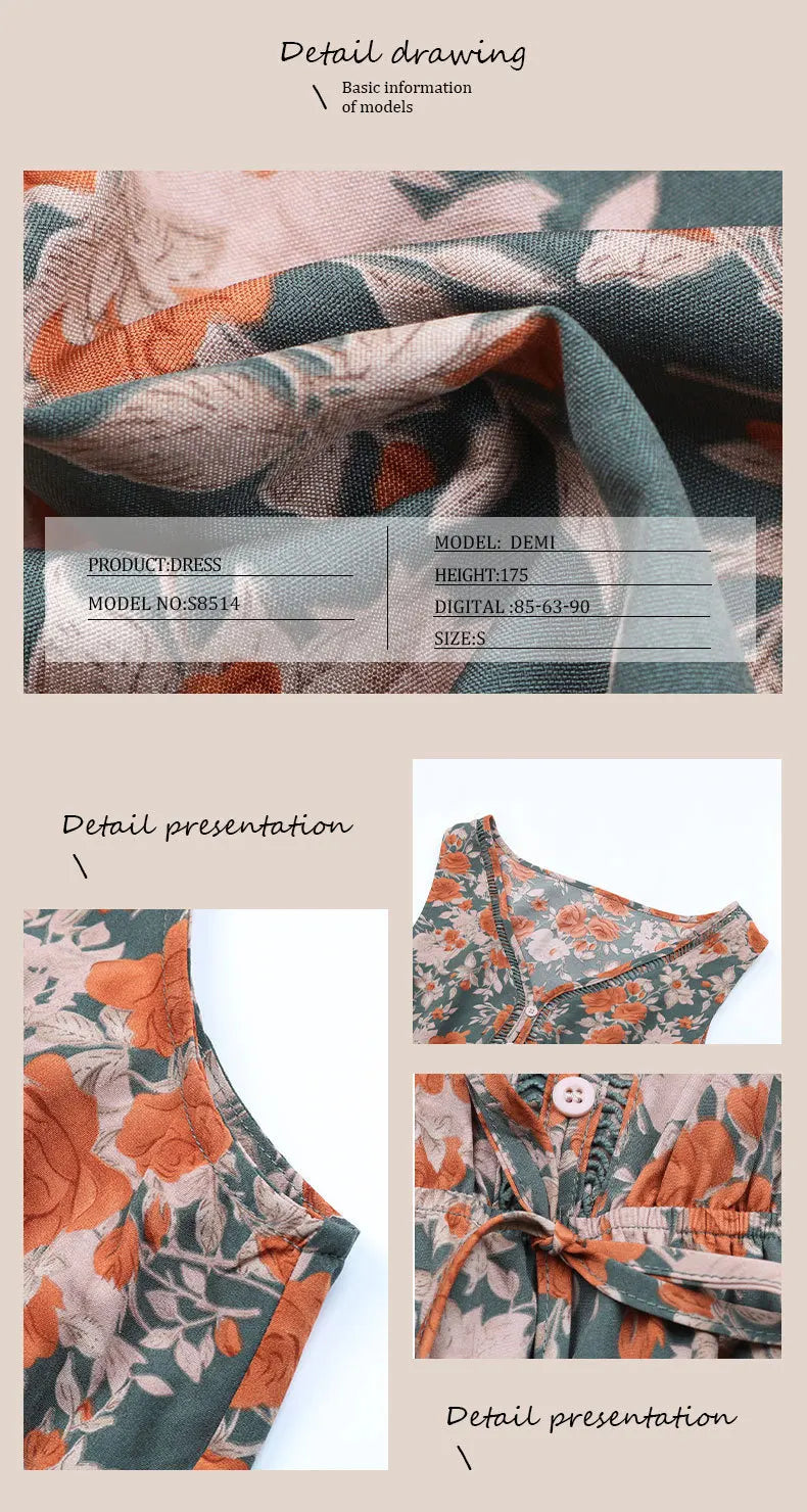 Vestido Largo Casual Floral Escote V Sin Mangas Mujer