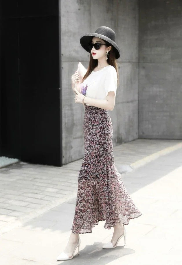 Velvet Midi Skirt - Belted Pleated Long