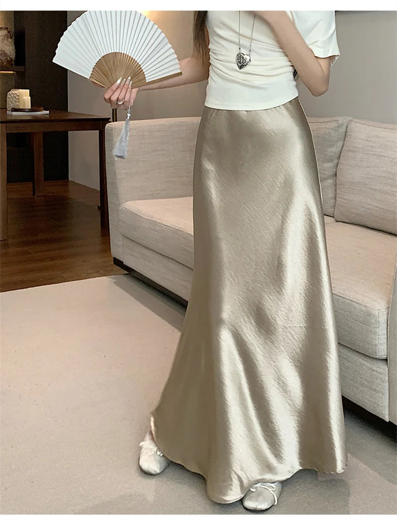 Pink Satin Midi Skirt - High Waist Fishtail Wrap