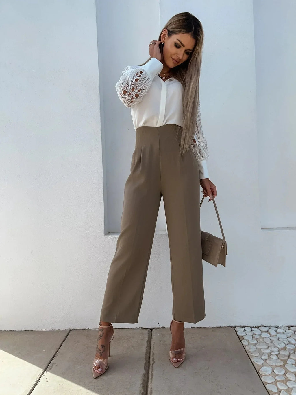 Blusa Encaje Cuello V Manga Linterna Calado Elegante Oficina