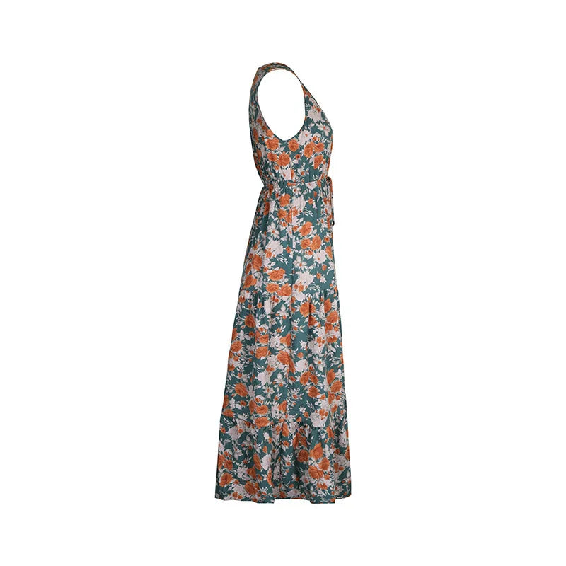 Vestido Largo Casual Floral Escote V Sin Mangas Mujer