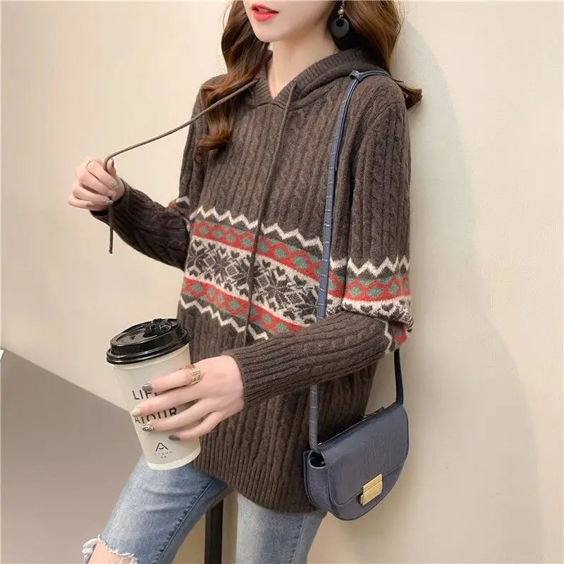 Polerón con Capucha Mujer Suelto Cordón Patchwork Estilo Étnico