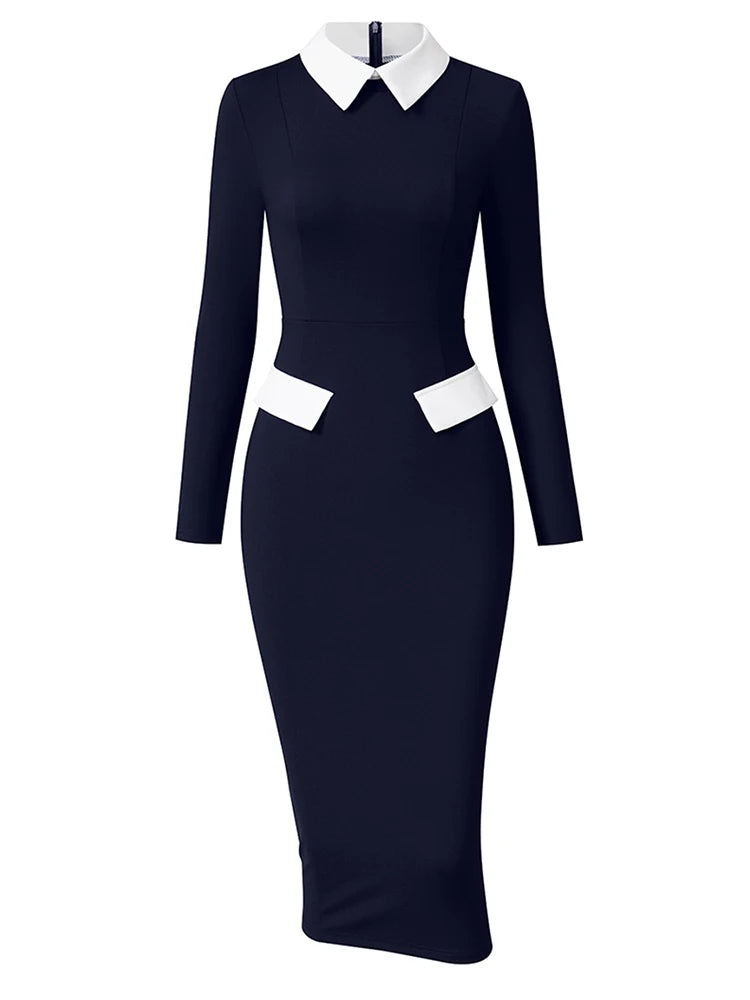 Pencil Dress - Polo Collar Long Sleeve Office