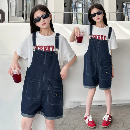 Denim Jumpsuit Set - Kids Two Piece Dark Blue