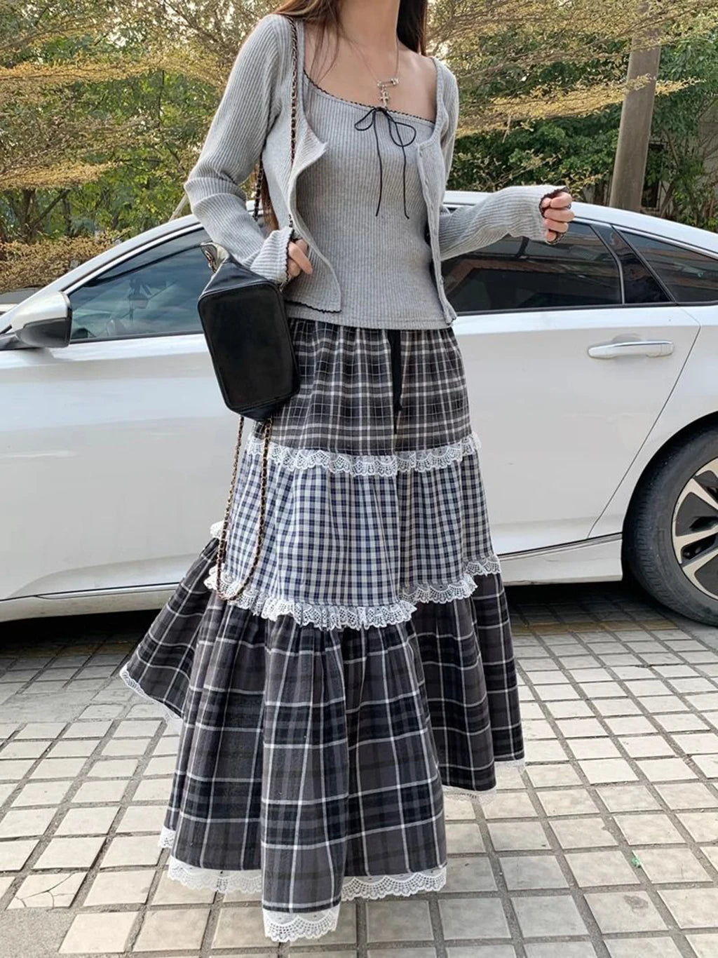 Patchwork Lace Long Skirt - High Waist Plaid Vintage