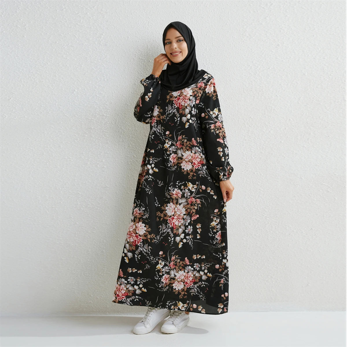 Muslim Maxi Dress - Floral Print Long Sleeve