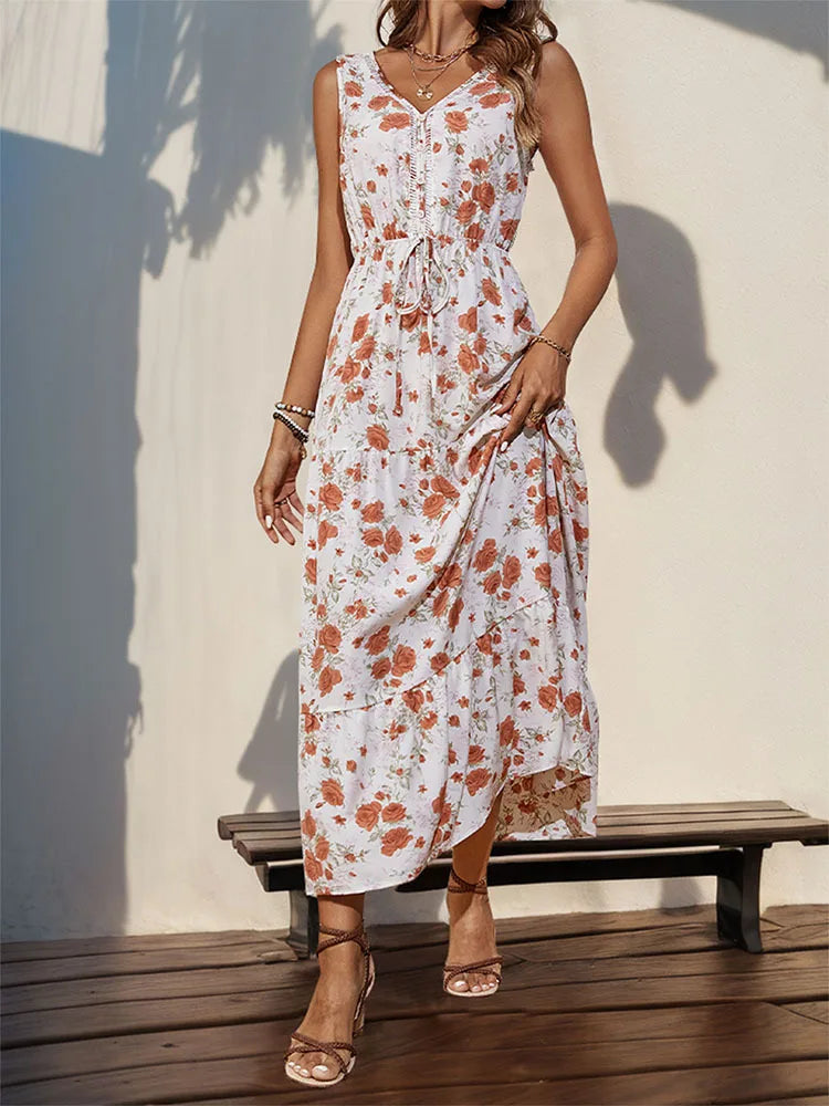 Vestido Largo Casual Floral Escote V Sin Mangas Mujer