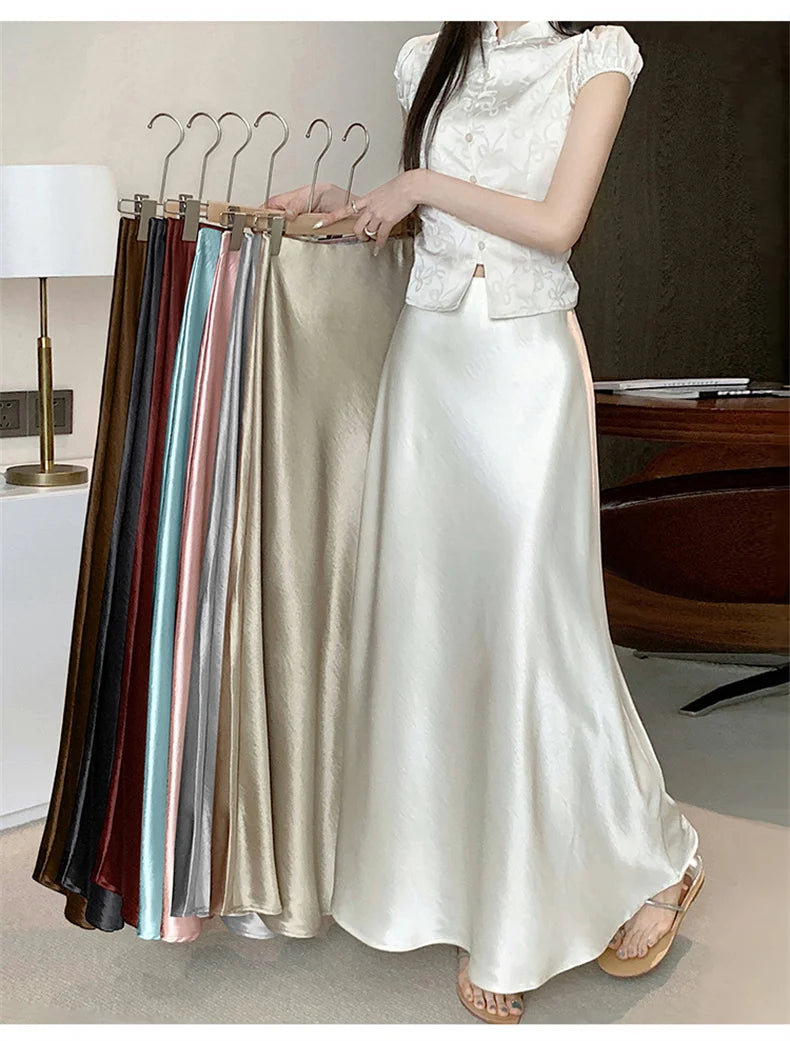 Pink Satin Midi Skirt - High Waist Fishtail Wrap