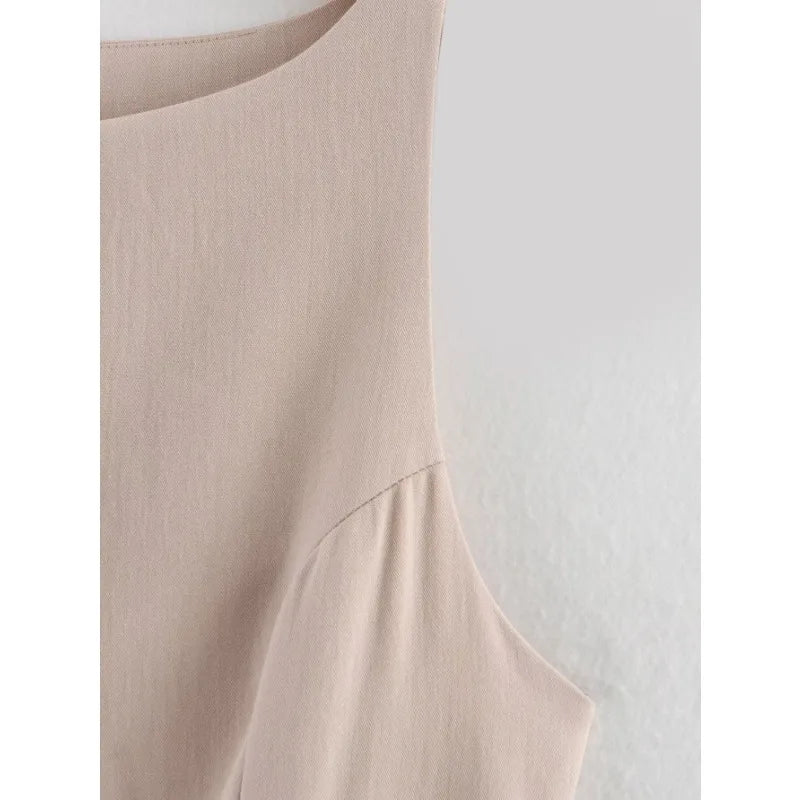 Midi Dress - Beige Contrast Sleeveless Belt 2025