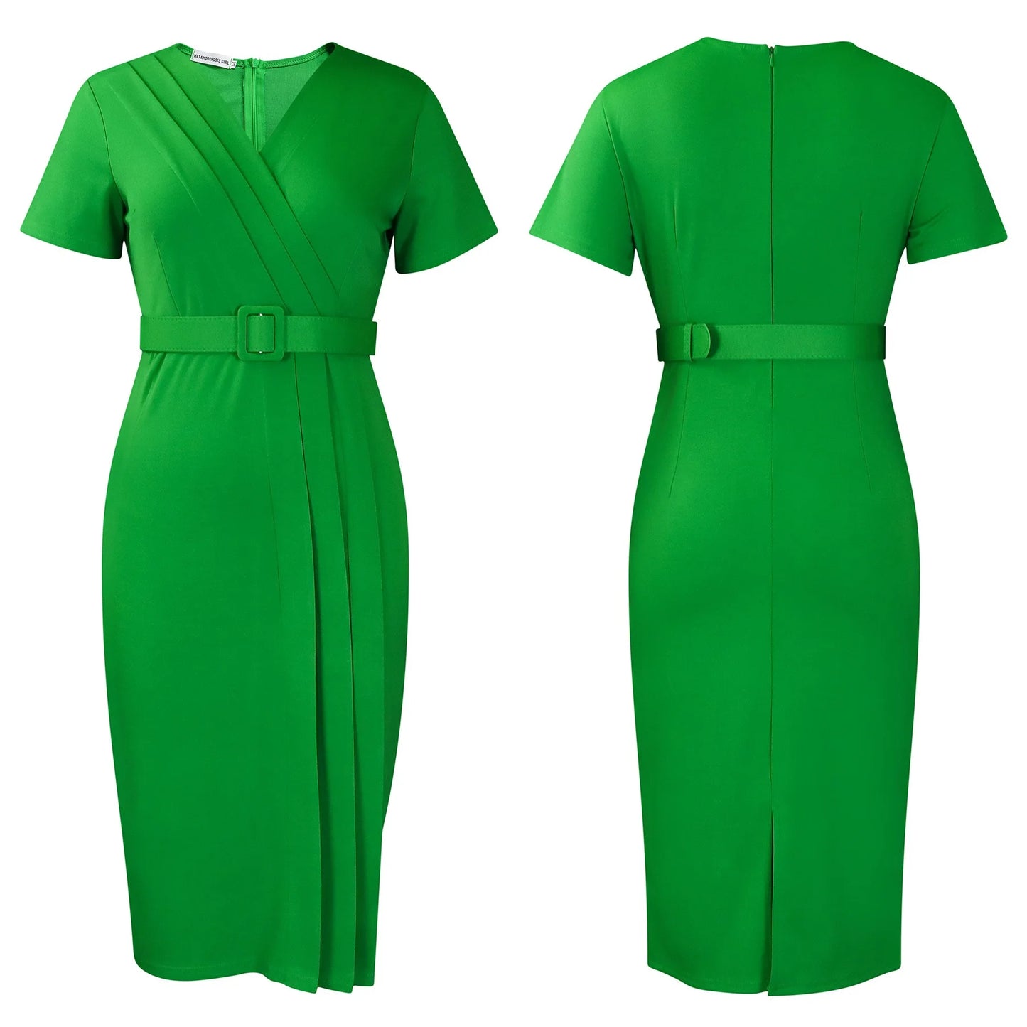 Office Dress - V Neck Belt Pleated Midi