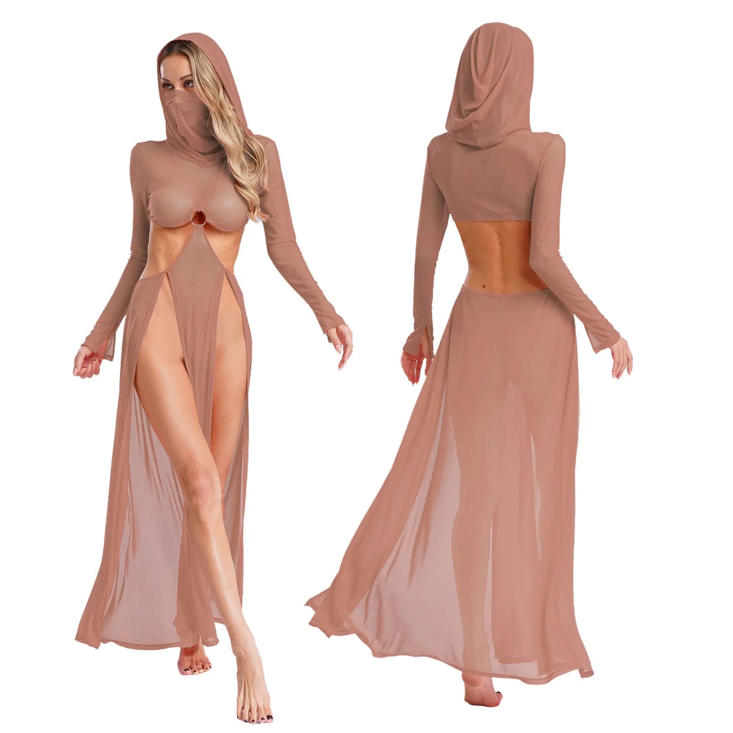 Sheer Maxi Dress - Hooded Face Mask High Slit