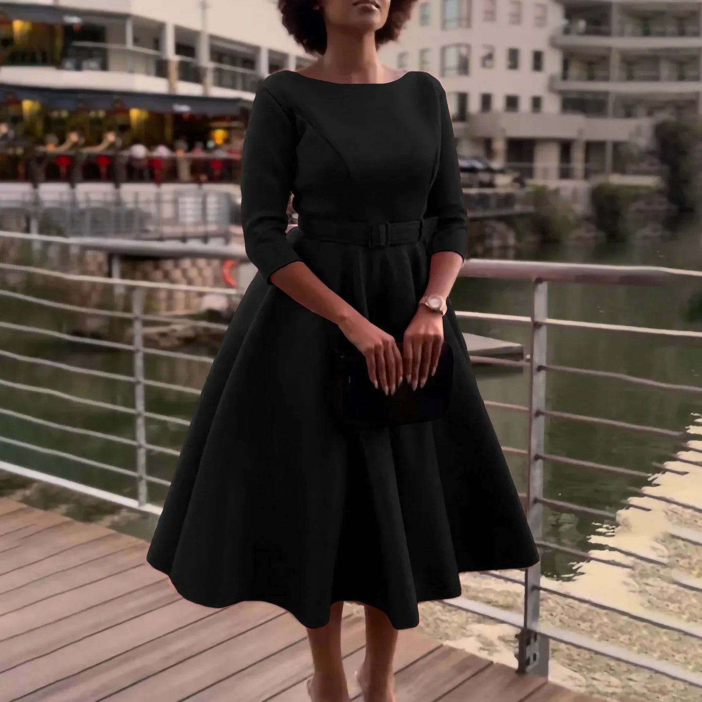 Party Dress - A-Line Belt Three Quarter Sleeve