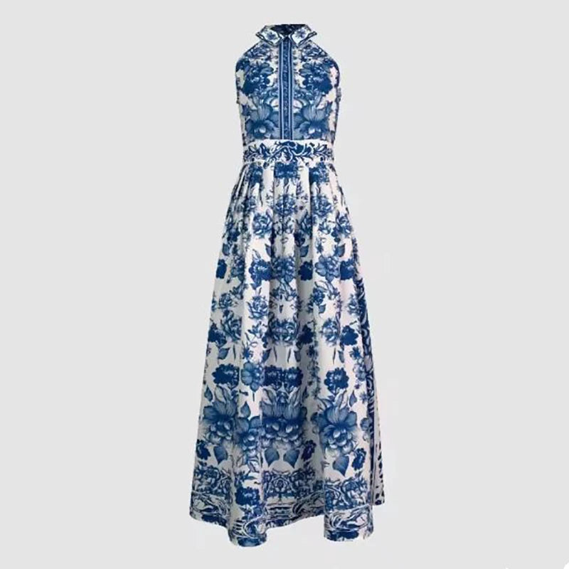 Vestido Largo Azul Floral Geométrico Sin Mangas Elegante Fiesta
