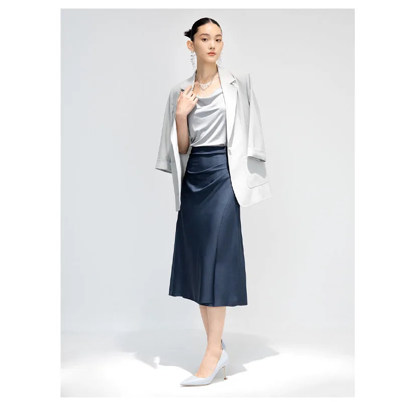 Satin Pleated Midi Skirt - French Simple