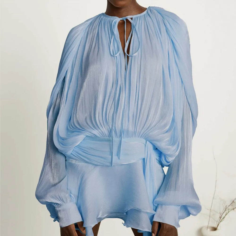 Vestido Corto Encaje Manga Puff Cuello V Holgado