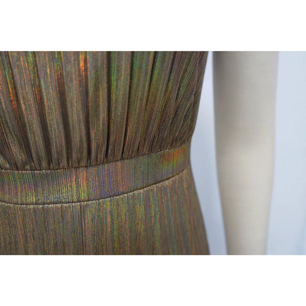 Vestido Largo Plisado Metálico Un Hombro Sin Mangas Brillante