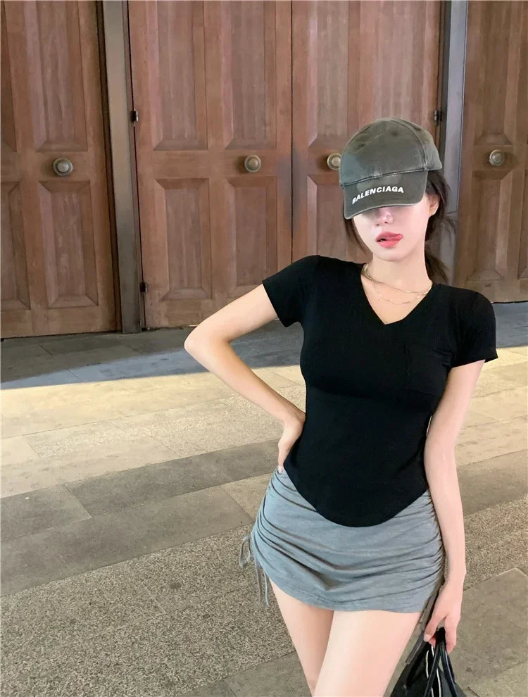 V-Neck T-Shirt - Irregular Hem Short Sleeve