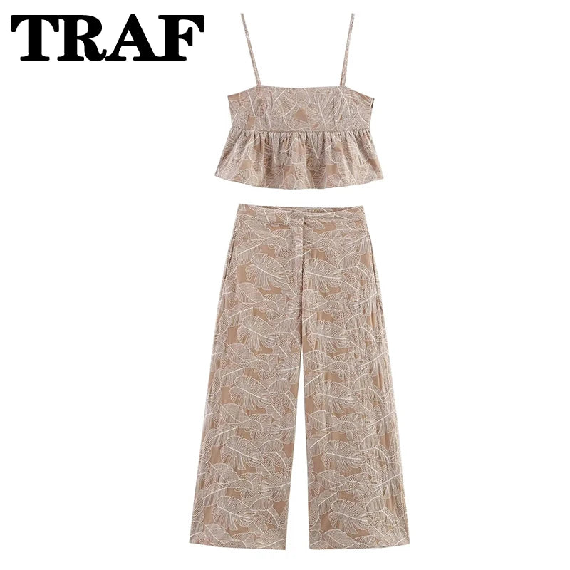 Conjunto Mujer Casual Top Bordado Pierna Ancha Holgado