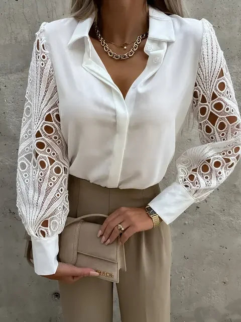 Blusa Encaje Cuello V Manga Linterna Calado Elegante Oficina