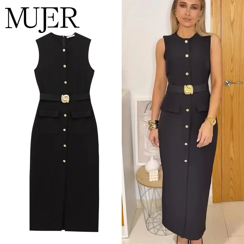 Office Midi Dress - Belt Button Sleeveless Black