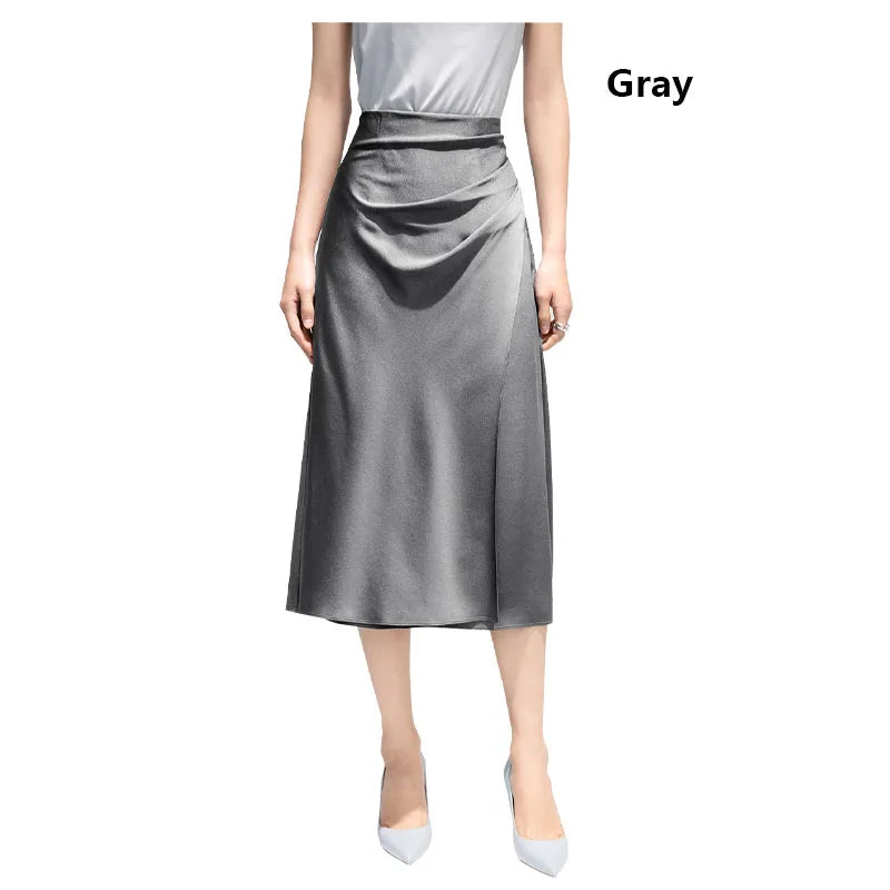 Satin Pleated Midi Skirt - French Simple